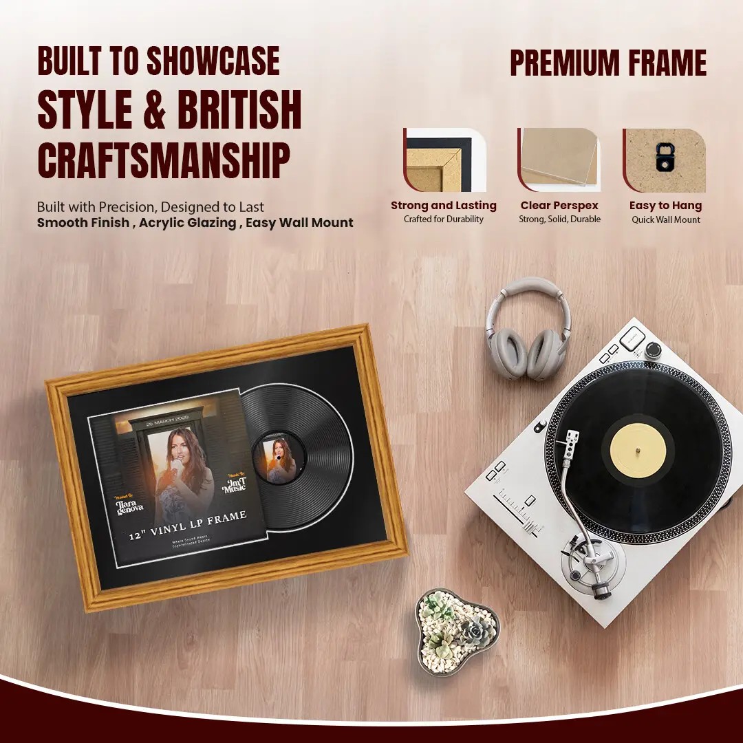 25x17" Classic Oak Vinyl Record Frame For 12 Inch LP Cover & Disc (Overlapped) With Black Mount | Elegant Music Display thumbnail 2