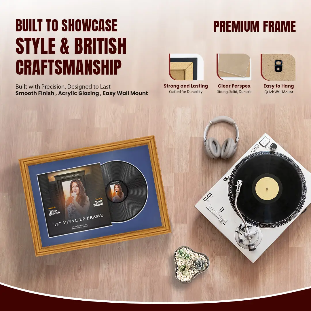 25x17" Classic Oak Vinyl Record Frame For LP Cover & Disc With Blue Mount | Overlapped Display thumbnail 2