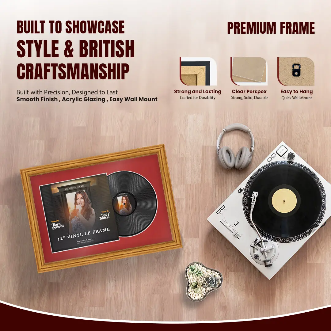 25x17" Classic Oak Vinyl Record Frame For 12 Inch LP Cover & Disc With Crimson Mount | Overlapped Vinyl Display thumbnail 2