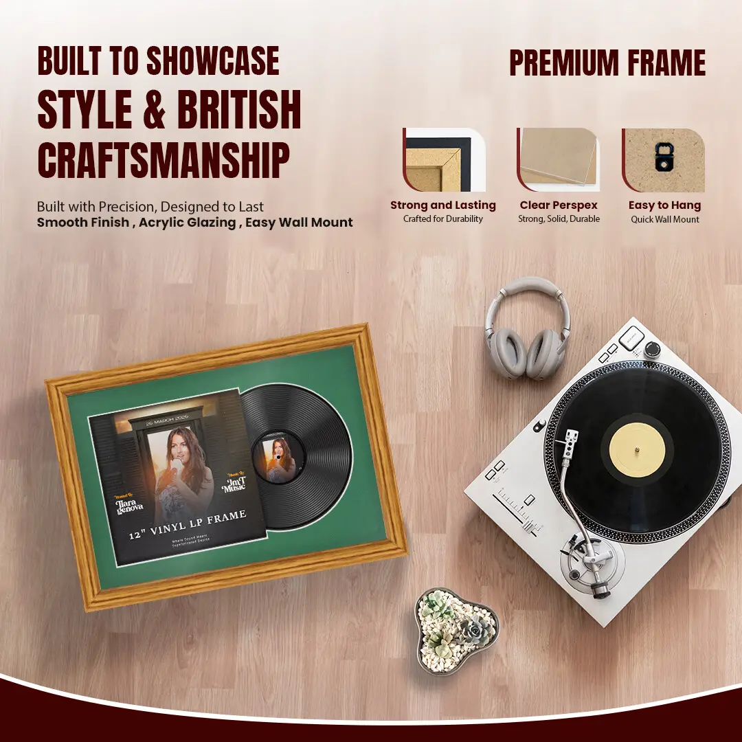 25x17" Classic Oak Vinyl Record Frame For 12 Inch LP Cover & Disc With Emerald (Green) Mount | Overlapped Vinyl Display thumbnail 2
