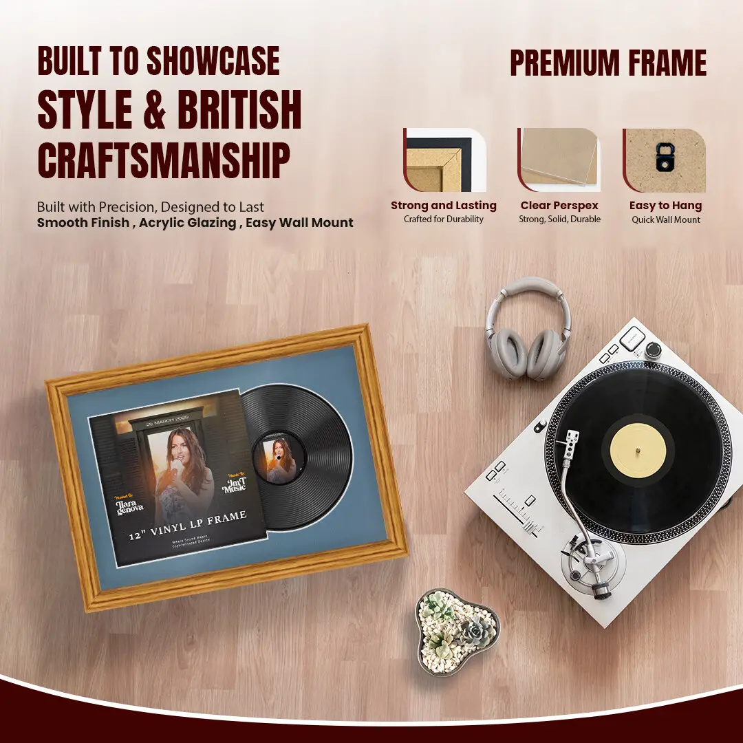 25x17" Classic Oak Vinyl Record Frame For 12 Inch LP Cover & Disc With Pompador Mount | Overlapped Vinyl Display thumbnail 2