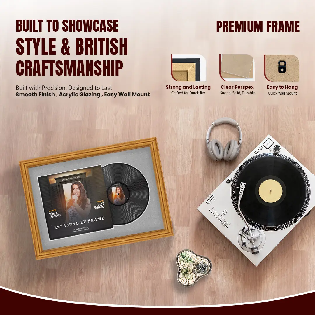 25x17" Classic Oak Vinyl Record Frame For 12 Inch LP Cover & Disc With Silver Mount | Overlapped Vinyl Display thumbnail 2