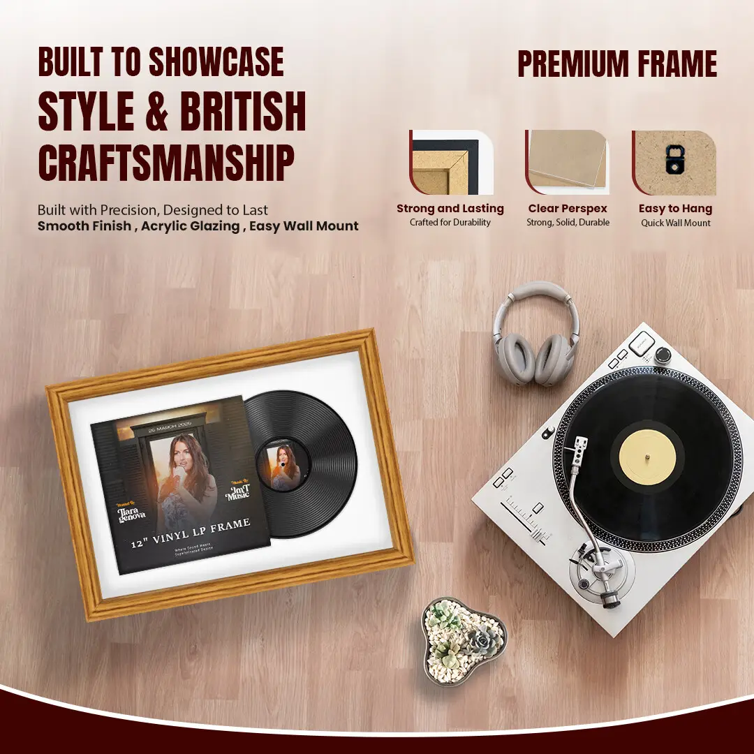 25x17" Classic Oak Vinyl Record Frame For LP Cover & Disc With Ice White Mount | Overlapped Display thumbnail 2