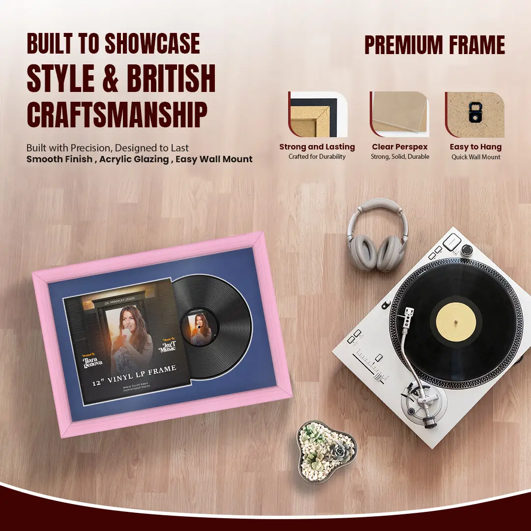 25x17" Classic Pastel Pink Vinyl Record Frame For LP Cover & Disc With Blue Mount | Overlapped Display thumbnail 2
