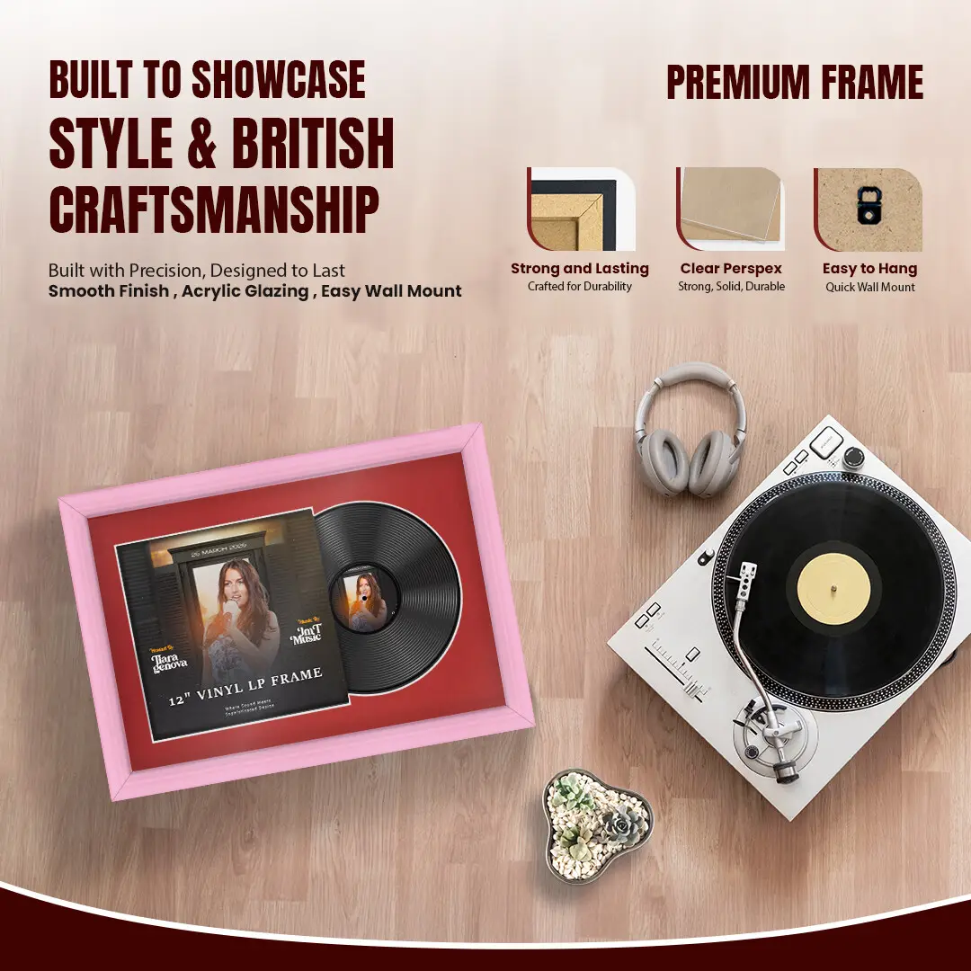 25x17" Classic Pastel Pink Vinyl Record Frame For 12 Inch LP Cover & Disc (Overlapped) With Crimson Mount | Elegant Music Display thumbnail 2