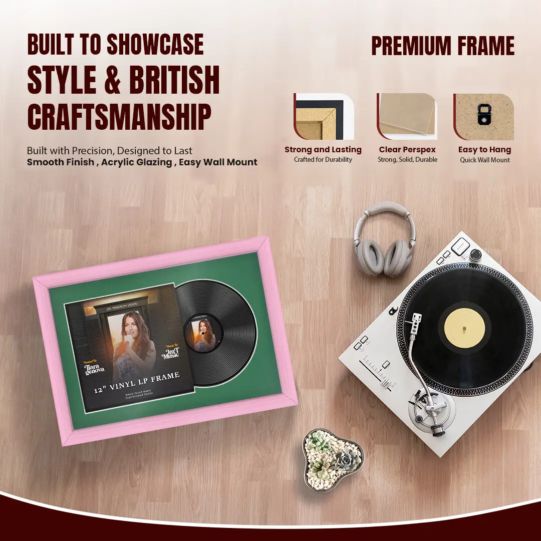 25x17" Classic Pastel Pink Vinyl Record Frame For 12 Inch LP Cover & Disc (Overlapped) With Emerald (Green) Mount | Elegant Music Display thumbnail 2