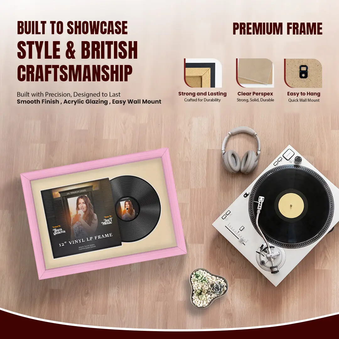 25x17" Classic Pastel Pink Vinyl Record Frame For LP Cover & Disc With Poppy Red Mount | Overlapped Display thumbnail 2