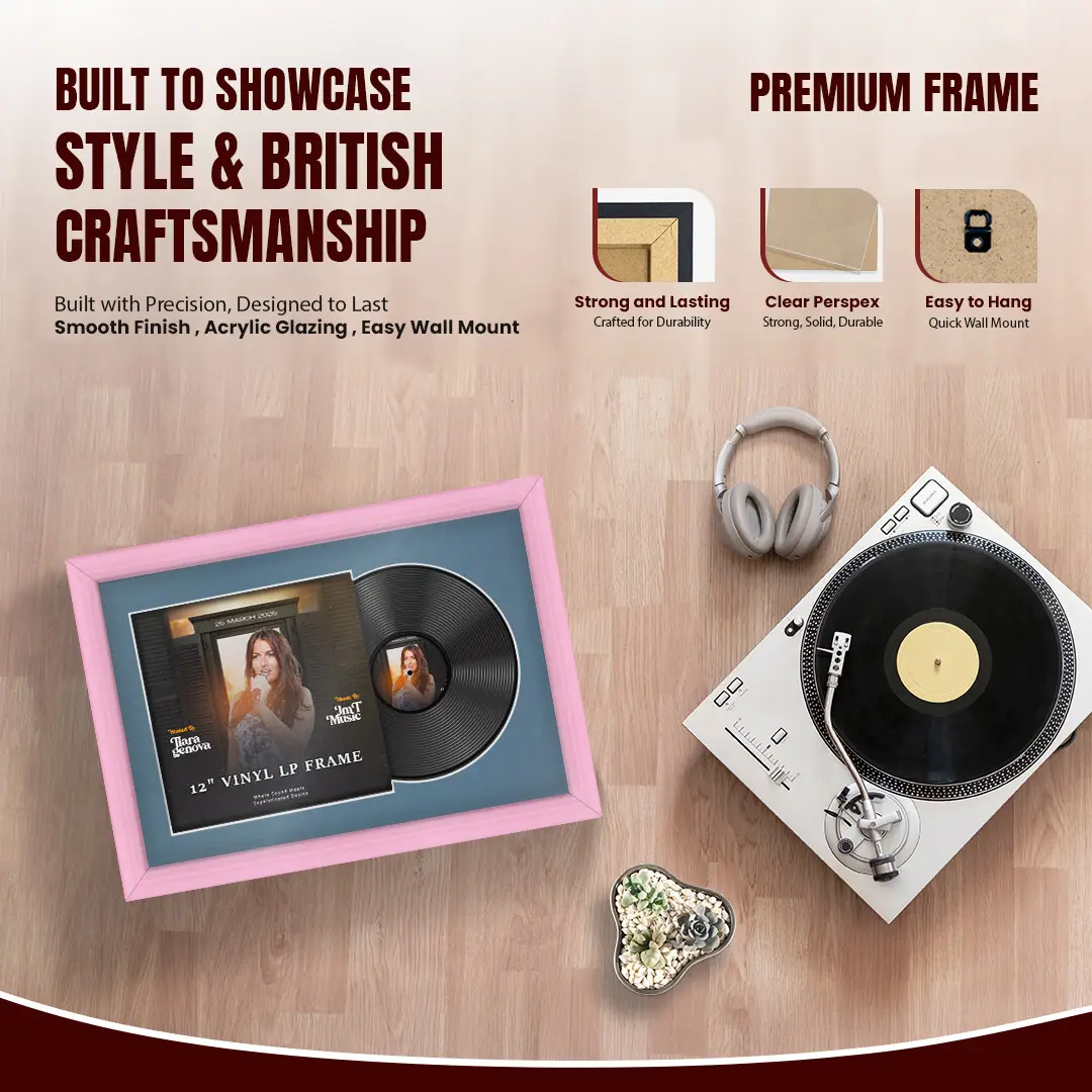 25x17" Classic Pastel Pink Vinyl Record Frame For LP Cover & Disc With Pompador Mount | Overlapped Display thumbnail 2