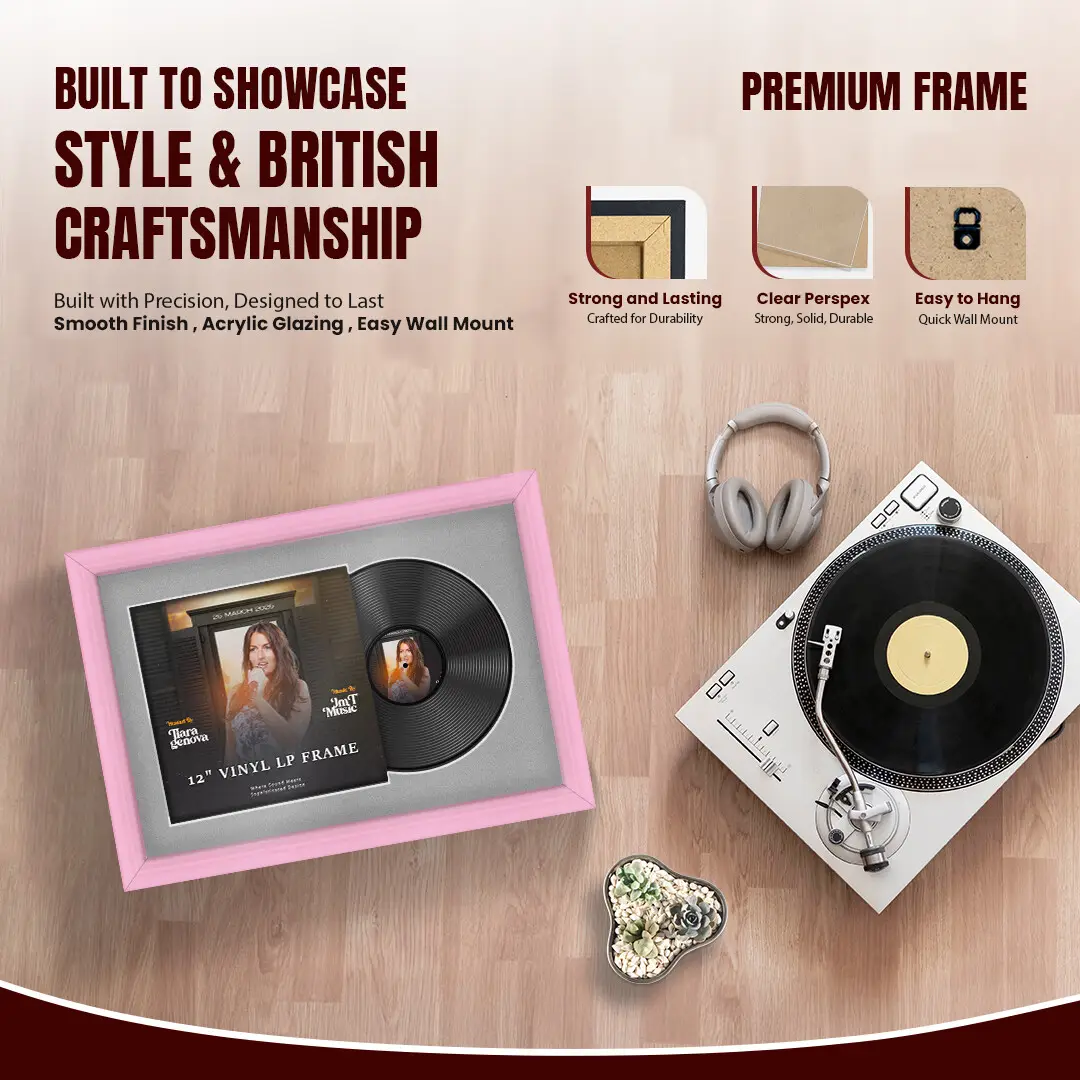 25x17" Classic Pastel Pink Vinyl Record Frame For 12 Inch LP Cover & Disc With Silver Mount | Overlapped Vinyl Display thumbnail 2