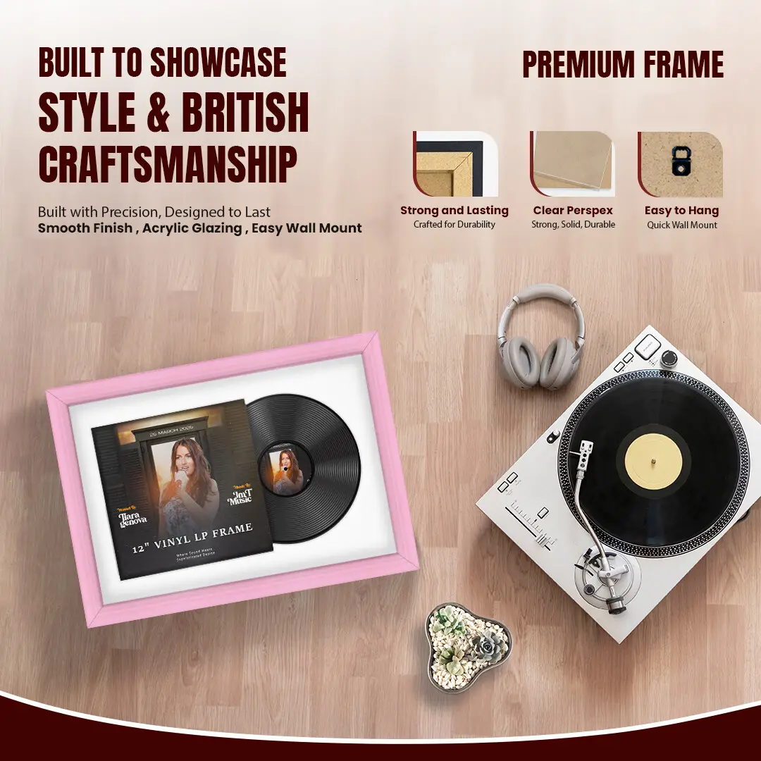 25x17" Classic Pastel Pink Vinyl Record Frame For 12 Inch LP Cover & Disc With Ice White Mount | Overlapped Vinyl Display thumbnail 2