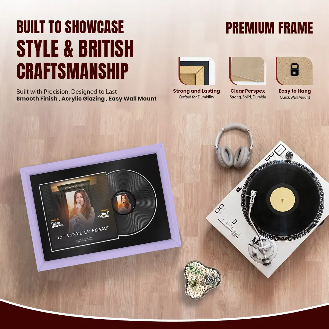 25x17" Classic Purple Vinyl Record Frame For LP Cover & Disc With Black Mount | Overlapped Display thumbnail 2