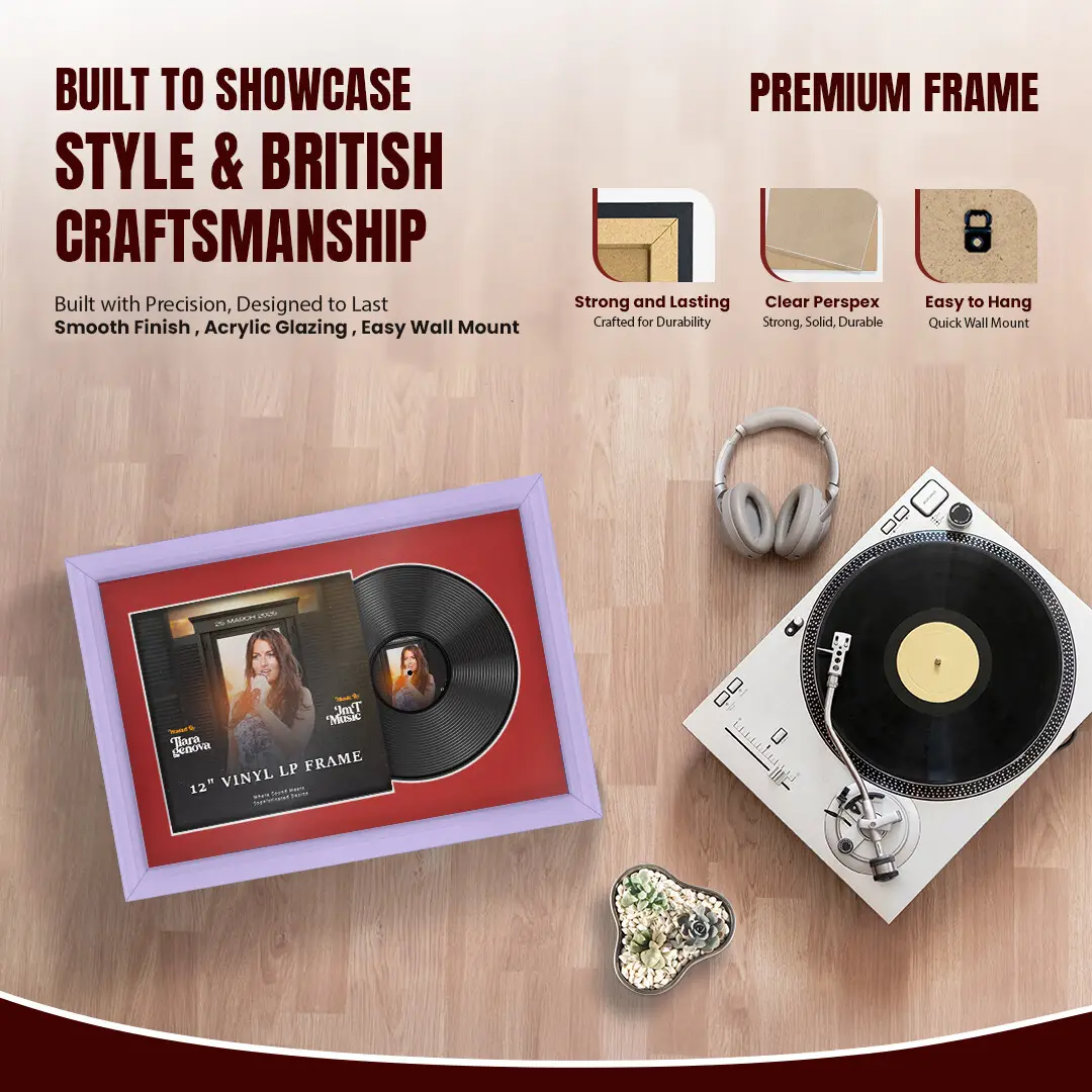 25x17" Classic Purple Vinyl Record Frame For LP Cover & Disc With Crimson Mount | Overlapped Display thumbnail 2