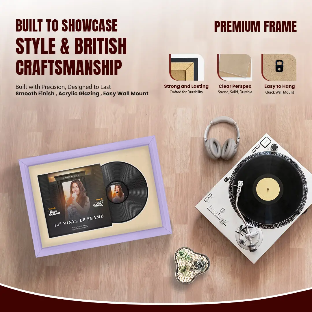 25x17" Classic Purple Vinyl Record Frame For 12 Inch LP Cover & Disc (Overlapped) With Ivory Mount | Elegant Music Display thumbnail 2