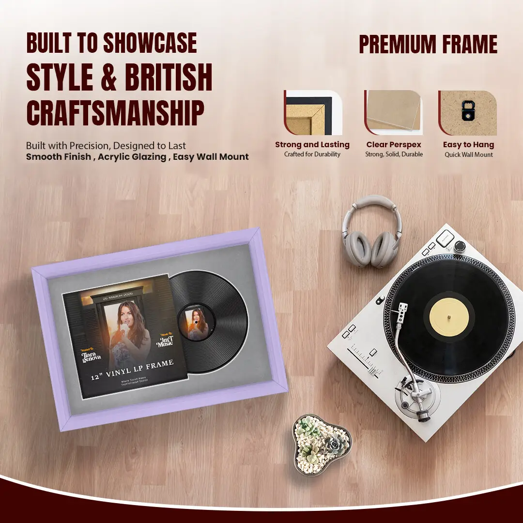 25x17" Classic Purple Vinyl Record Frame For 12 Inch LP Cover & Disc (Overlapped) With Mid Grey Mount | Elegant Music Display thumbnail 2