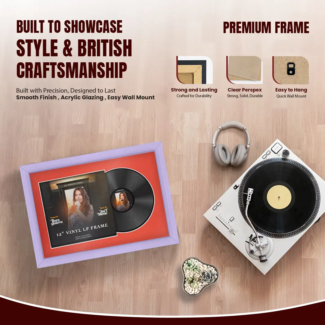 25x17" Classic Purple Vinyl Record Frame For 12 Inch LP Cover & Disc With Poppy Red Mount | Overlapped Vinyl Display thumbnail 2