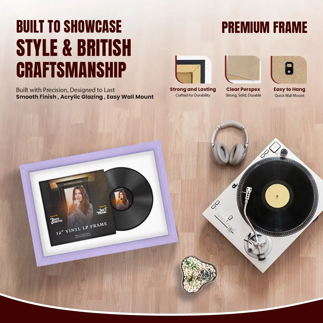 25x17" Classic Purple Vinyl Record Frame For LP Cover & Disc With Ice White Mount | Overlapped Display thumbnail 2