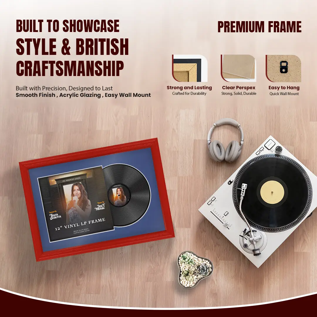 25x17" Classic Red Vinyl Record Frame For 12 Inch LP Cover & Disc With Blue Mount | Overlapped Vinyl Display thumbnail 2