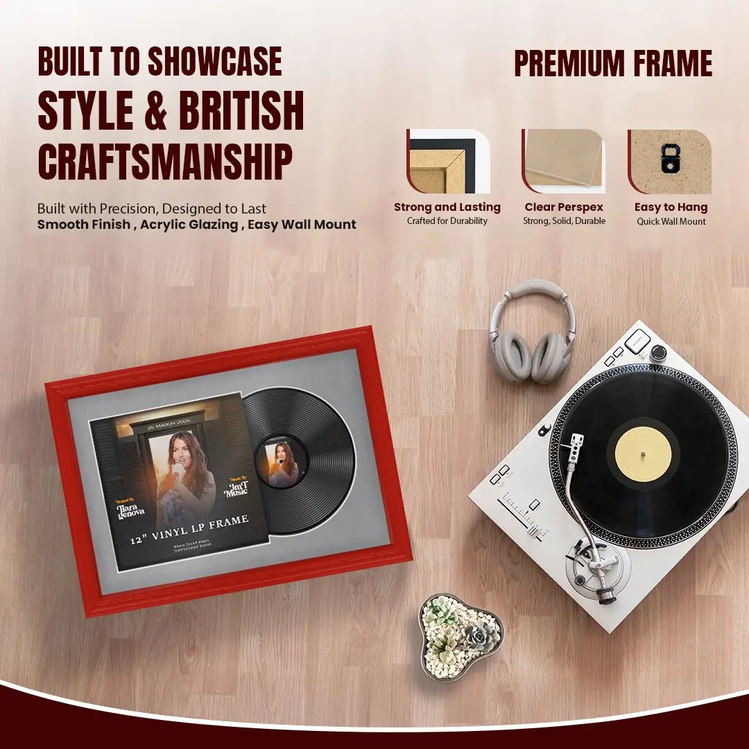 25x17" Classic Red Vinyl Record Frame For LP Cover & Disc With Mid Grey Mount | Overlapped Display thumbnail 2