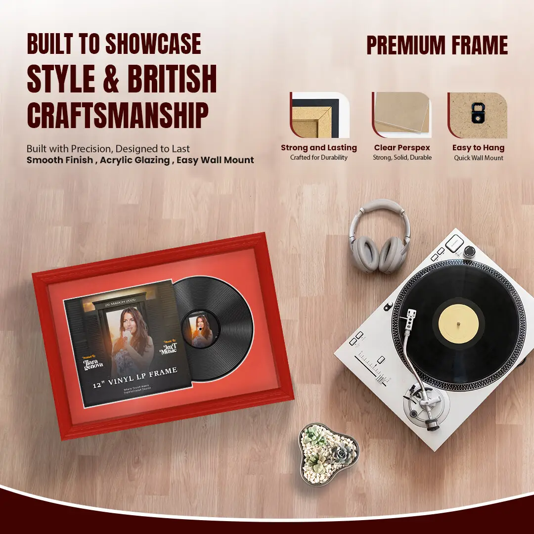 25x17" Classic Red Vinyl Record Frame For LP Cover & Disc With Poppy Red Mount | Overlapped Display thumbnail 2