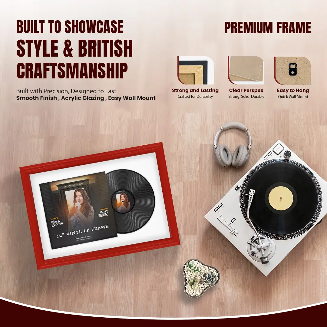 25x17" Classic Red Vinyl Record Frame For 12 Inch LP Cover & Disc (Overlapped) With Ice White Mount | Elegant Music Display thumbnail 2