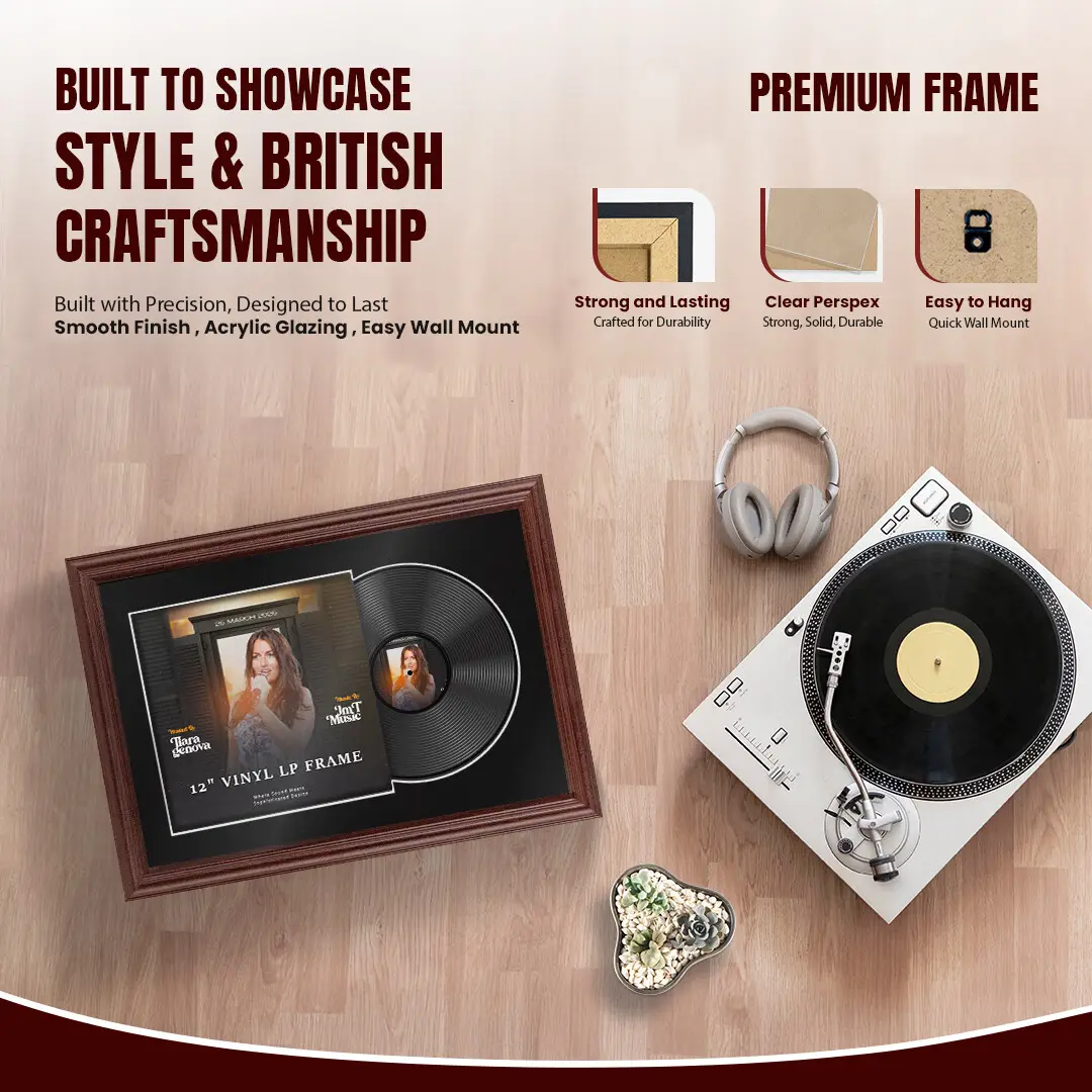 25x17" Classic Rose Wood Vinyl Record Frame For 12 Inch LP Cover & Disc With Black Mount | Overlapped Vinyl Display thumbnail 2