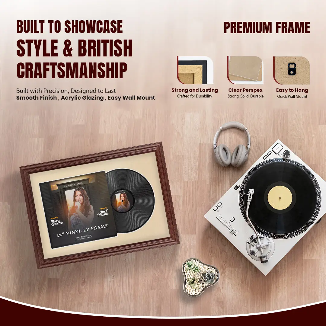 25x17" Classic Rose Wood Vinyl Record Frame For 12 Inch LP Cover & Disc (Overlapped) With Ivory Mount | Elegant Music Display thumbnail 2