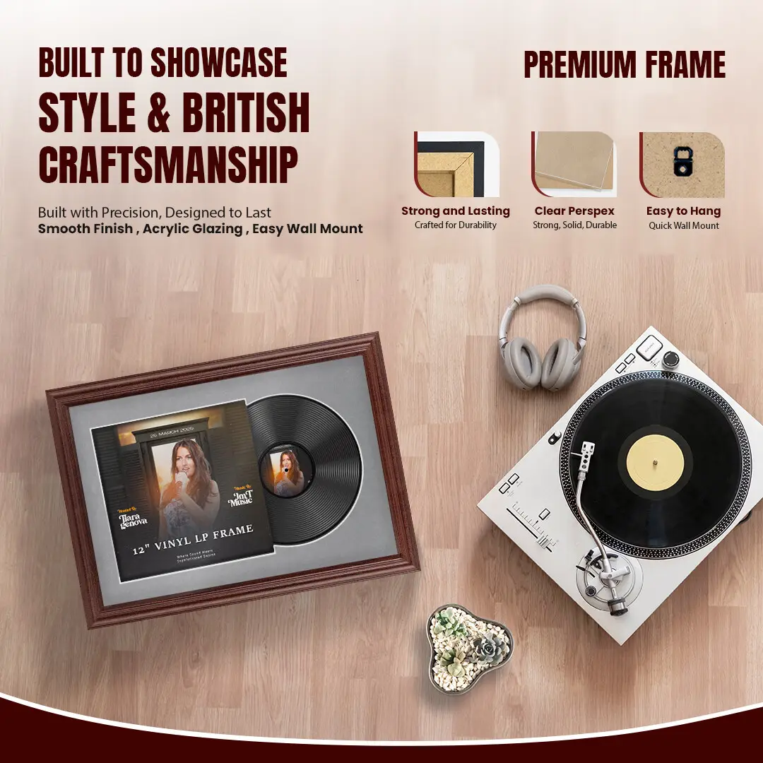 25x17" Classic Rose Wood Vinyl Record Frame For 12 Inch LP Cover & Disc With Mid Grey Mount | Overlapped Vinyl Display thumbnail 2