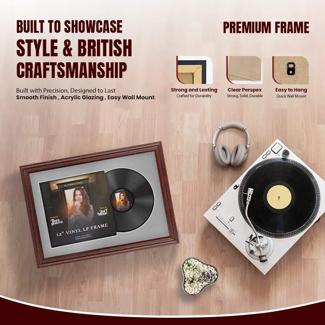 25x17" Classic Rose Wood Vinyl Record Frame For LP Cover & Disc With Silver Mount | Overlapped Display thumbnail 2