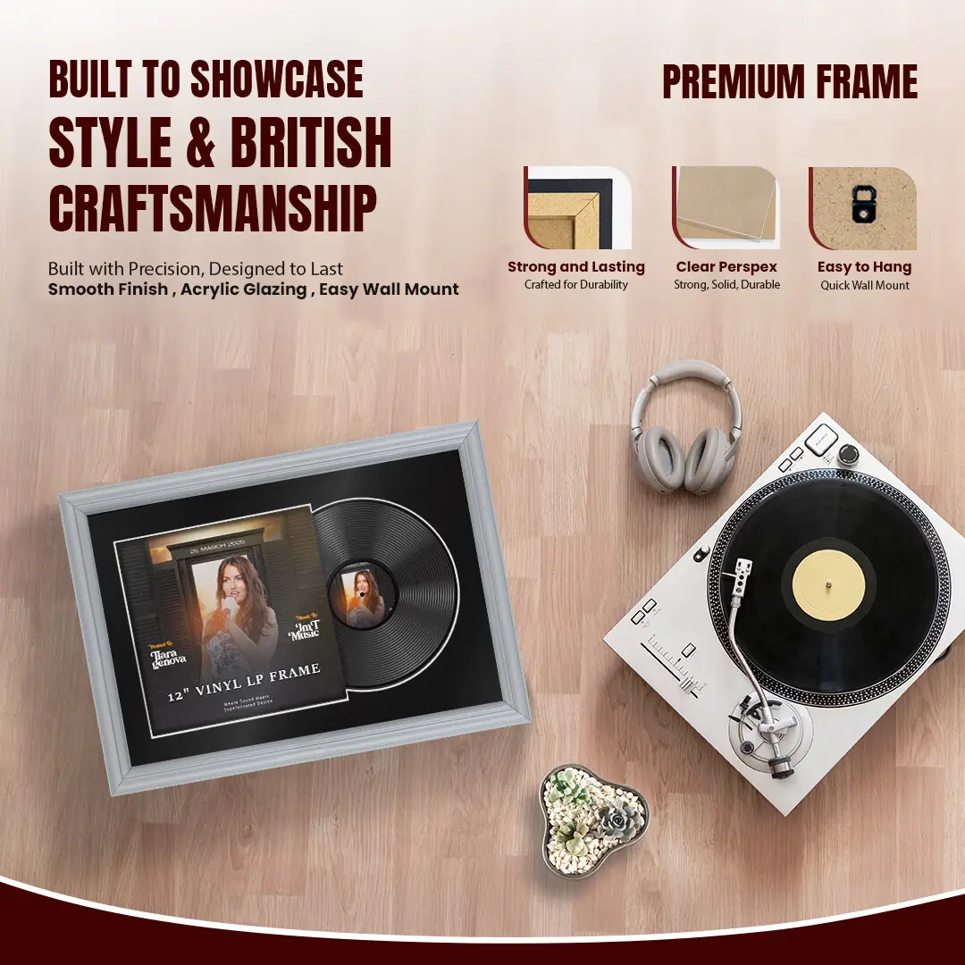 25x17" Classic Silver Vinyl Record Frame For 12 Inch LP Cover & Disc With Black Mount | Overlapped Vinyl Display thumbnail 2