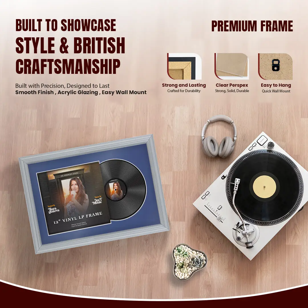 25x17" Classic Silver Vinyl Record Frame For 12 Inch LP Cover & Disc With Blue Mount | Overlapped Vinyl Display thumbnail 2