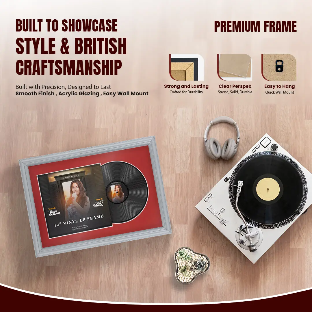 25x17" Classic Silver Vinyl Record Frame For 12 Inch LP Cover & Disc (Overlapped) With Crimson Mount | Elegant Music Display thumbnail 2