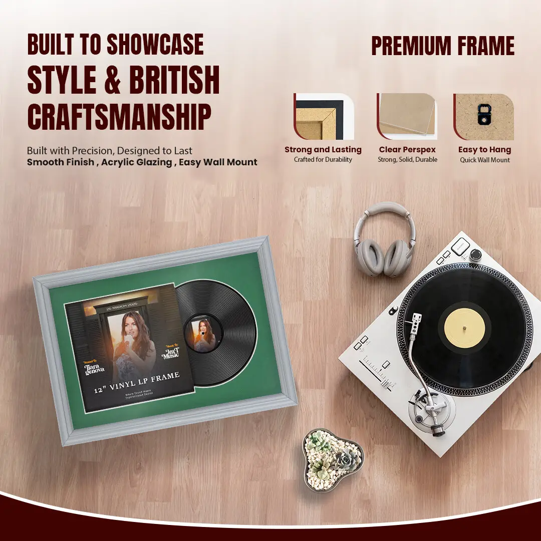 25x17" Classic Silver Vinyl Record Frame For LP Cover & Disc With Emerald (Green) Mount | Overlapped Display thumbnail 2