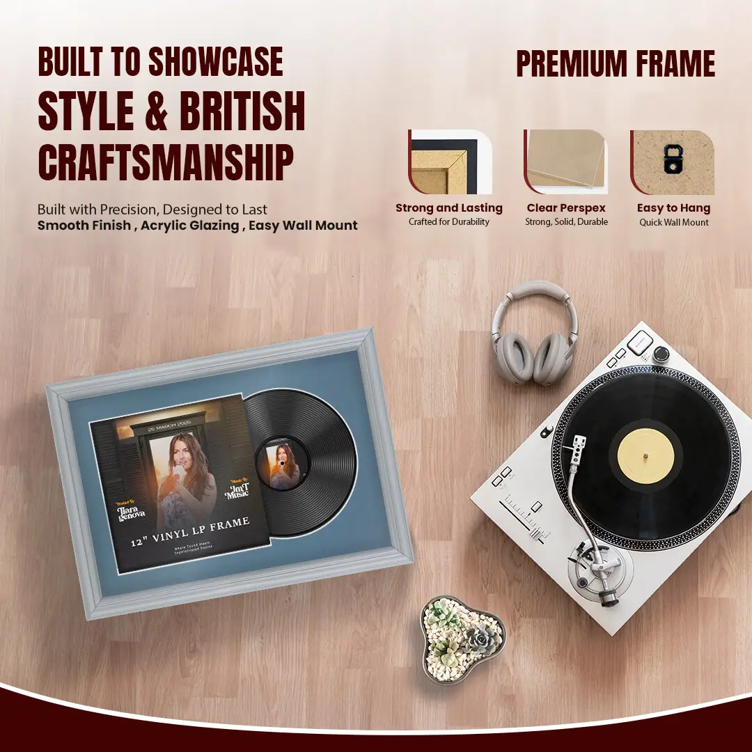 25x17" Classic Silver Vinyl Record Frame For 12 Inch LP Cover & Disc (Overlapped) With Pompador Mount | Elegant Music Display thumbnail 2