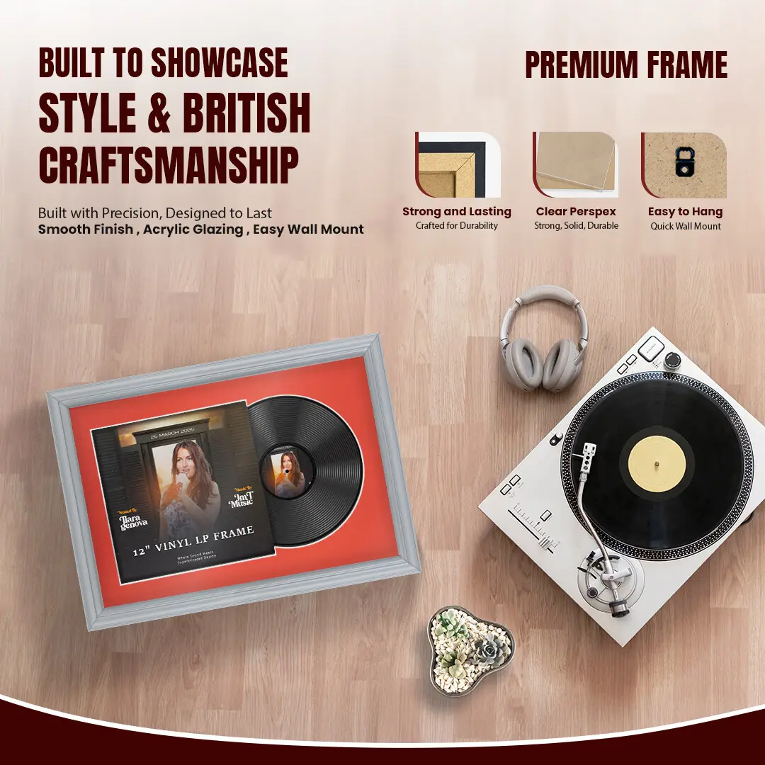 25x17" Classic Silver Vinyl Record Frame For 12 Inch LP Cover & Disc With Black Mount | Overlapped Vinyl Display thumbnail 2
