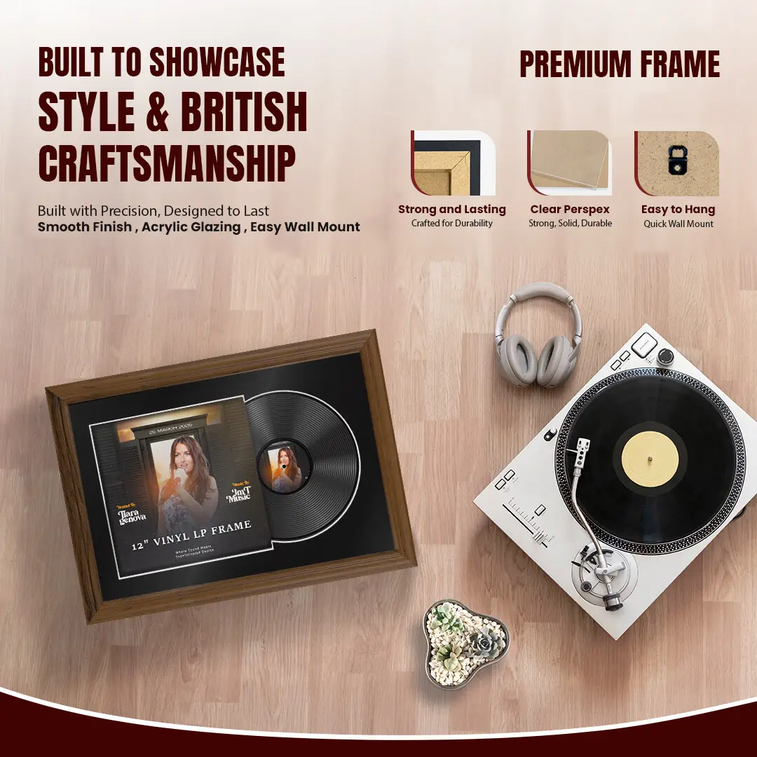 25x17" Classic Walnut Vinyl Record Frame For LP Cover & Disc With Black Mount | Overlapped Display thumbnail 2