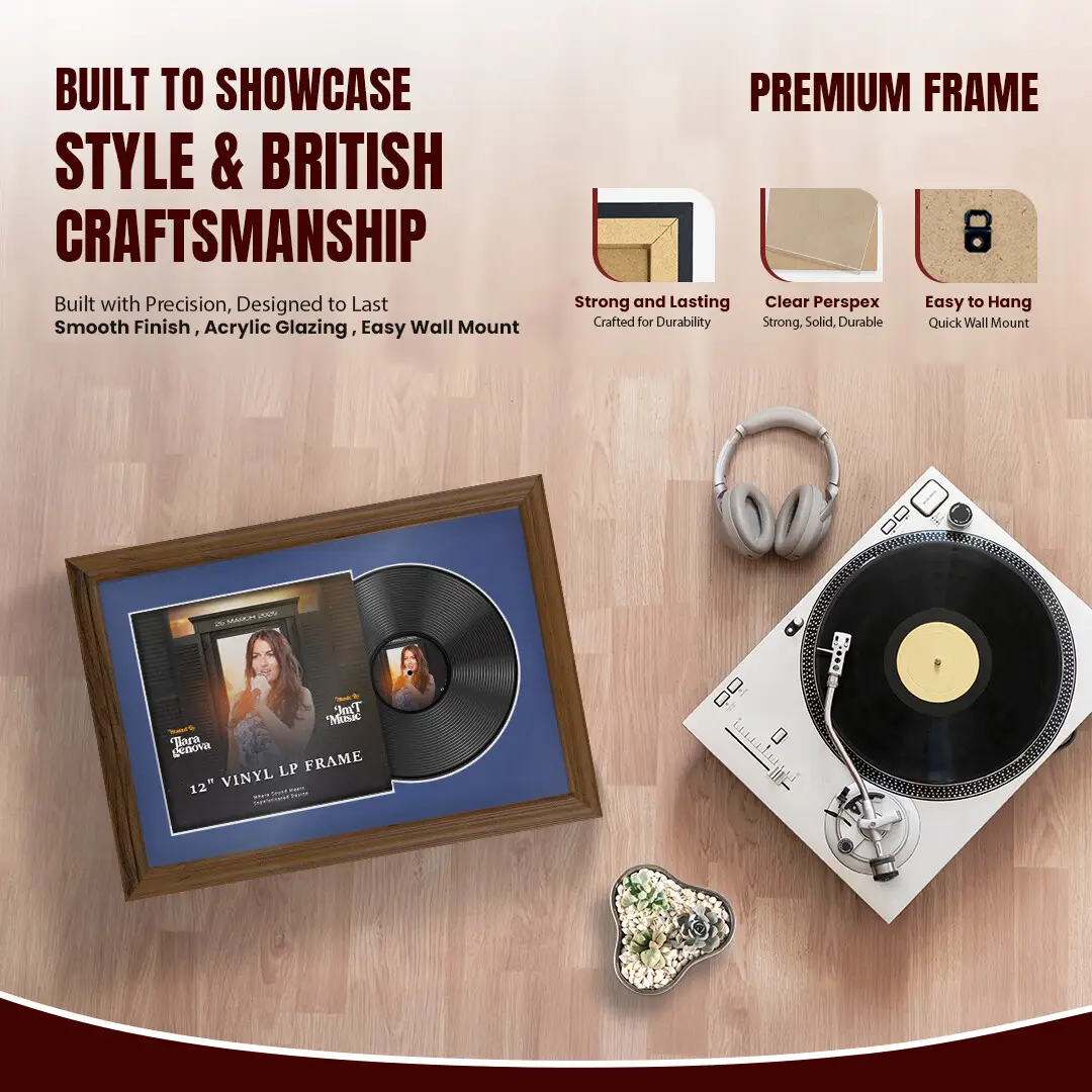 25x17" Classic Walnut Vinyl Record Frame For 12 Inch LP Cover & Disc (Overlapped) With Blue Mount | Elegant Music Display thumbnail 2