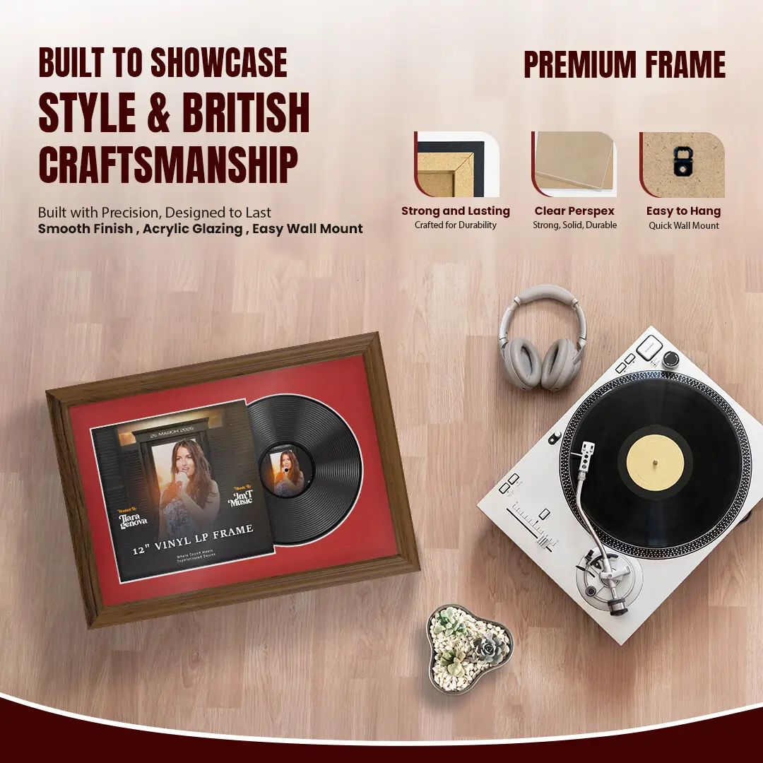 25x17" Classic Walnut Vinyl Record Frame For 12 Inch LP Cover & Disc (Overlapped) With Crimson Mount | Elegant Music Display thumbnail 2