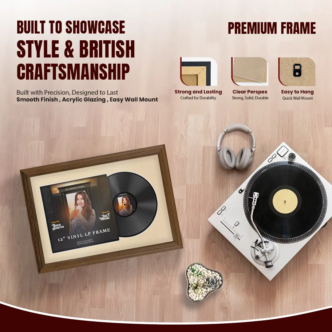 25x17" Classic Walnut Vinyl Record Frame For LP Cover & Disc With Ivory Mount | Overlapped Display thumbnail 2