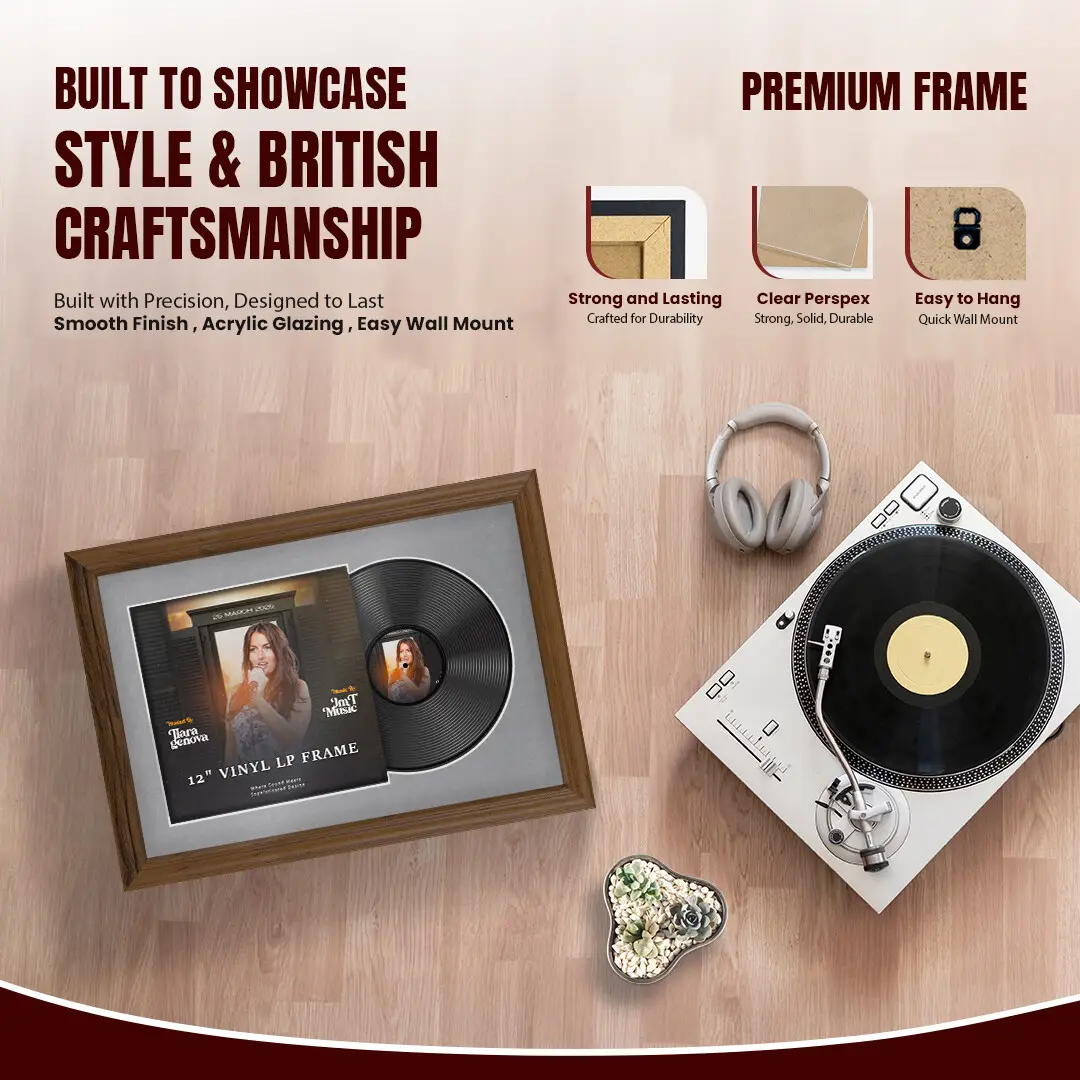25x17" Classic Walnut Vinyl Record Frame For 12 Inch LP Cover & Disc (Overlapped) With Mid Grey Mount | Elegant Music Display thumbnail 2
