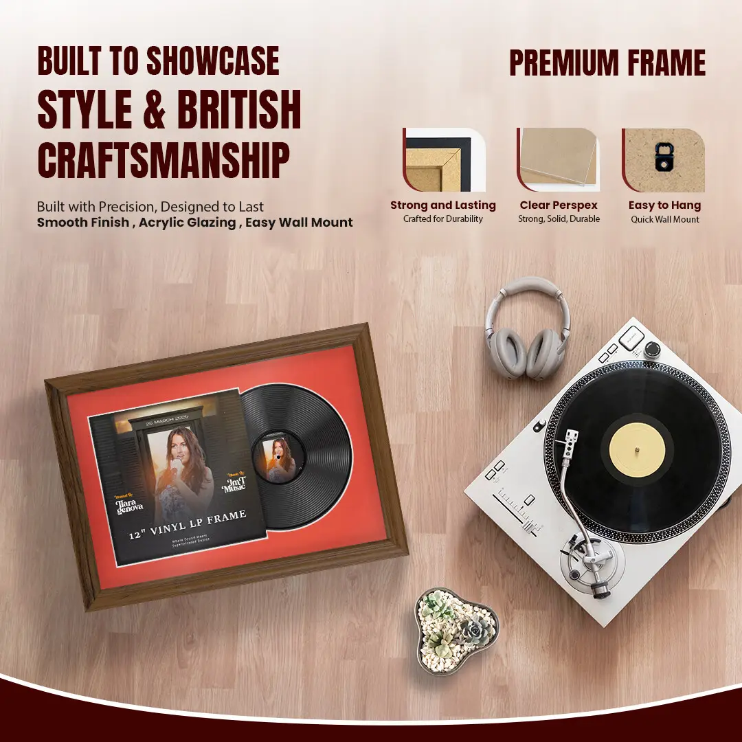 25x17" Classic Walnut Vinyl Record Frame For 12 Inch LP Cover & Disc With Black Mount | Overlapped Vinyl Display thumbnail 2