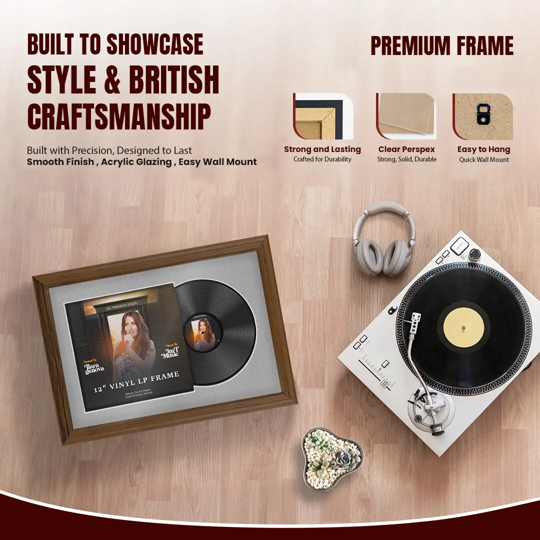 25x17" Classic Walnut Vinyl Record Frame For 12 Inch LP Cover & Disc With Silver Mount | Overlapped Vinyl Display thumbnail 2