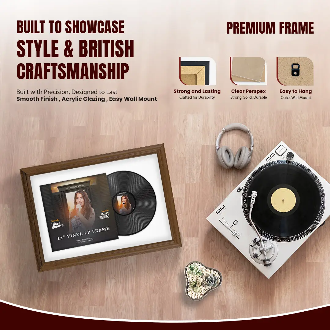 25x17" Classic Walnut Vinyl Record Frame For LP Cover & Disc With Ice White Mount | Overlapped Display thumbnail 2