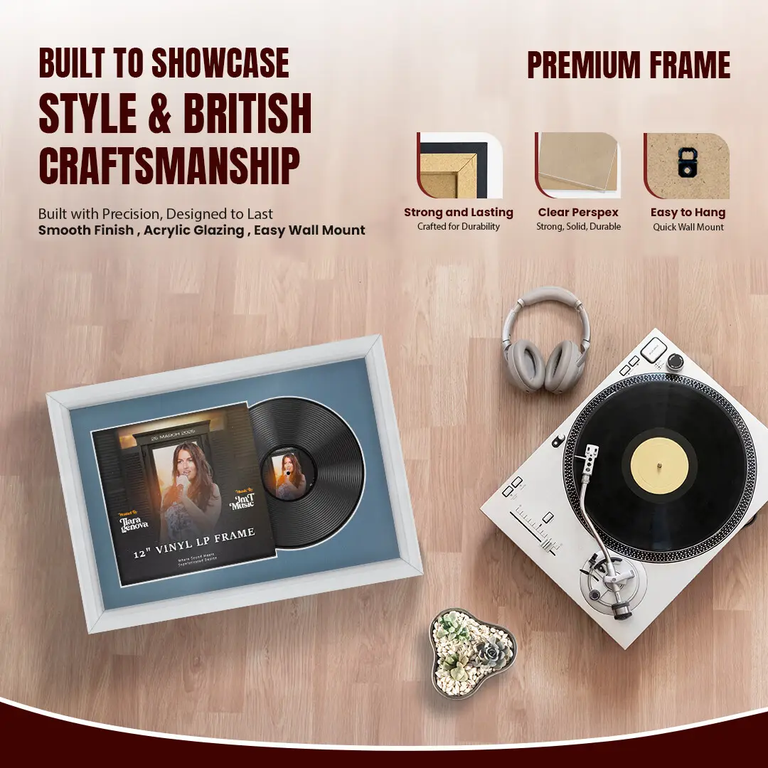 25x17" Classic White Vinyl Record Frame For 12 Inch LP Cover & Disc (Overlapped) With Pompador Mount | Elegant Music Display thumbnail 2