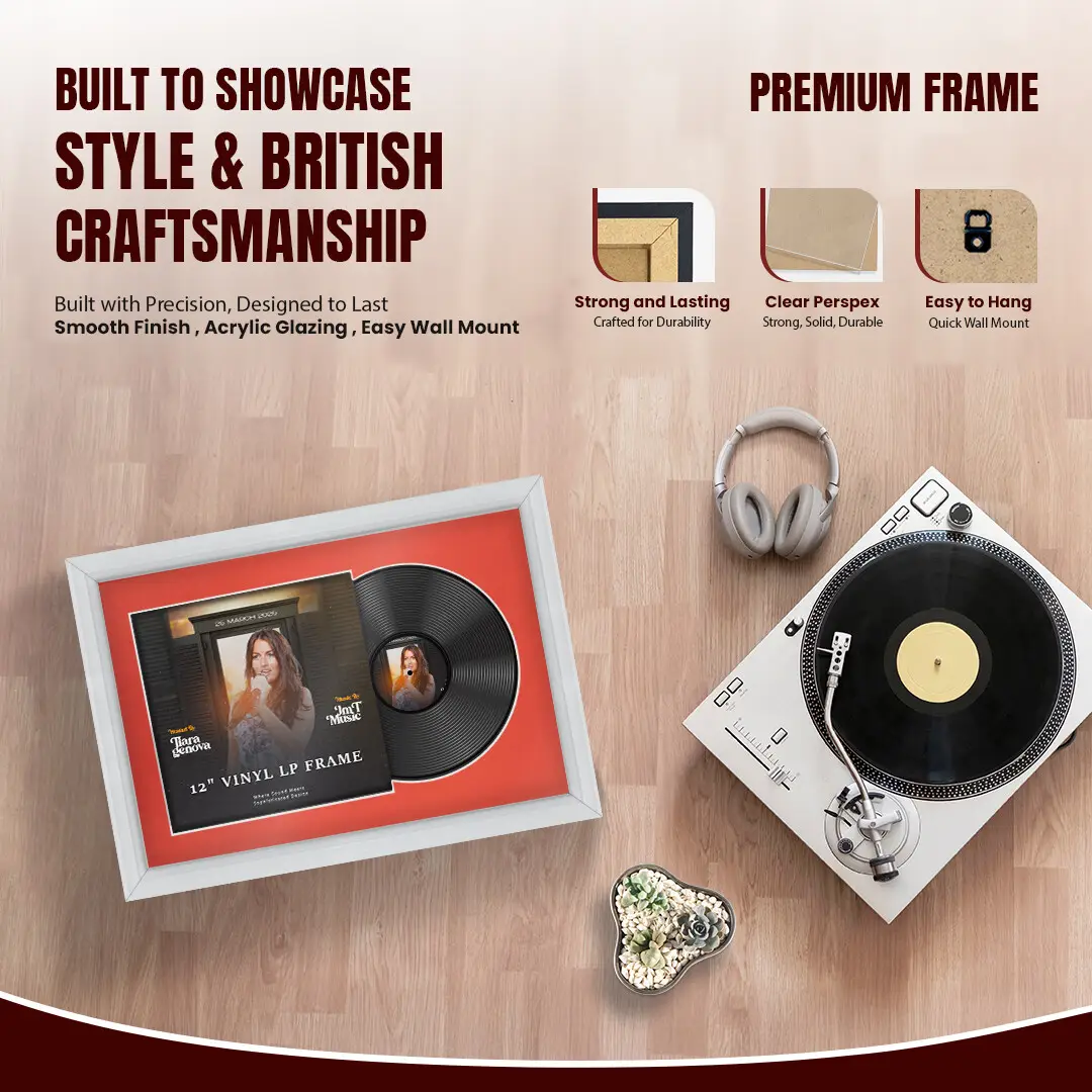 25x17" Classic White Vinyl Record Frame For 12 Inch LP Cover & Disc With Poppy Red Mount | Overlapped Vinyl Display thumbnail 2