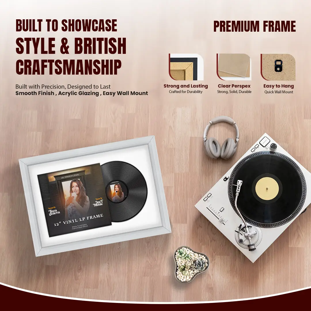 25x17" Classic White Vinyl Record Frame For LP Cover & Disc With Ice White Mount | Overlapped Display thumbnail 2