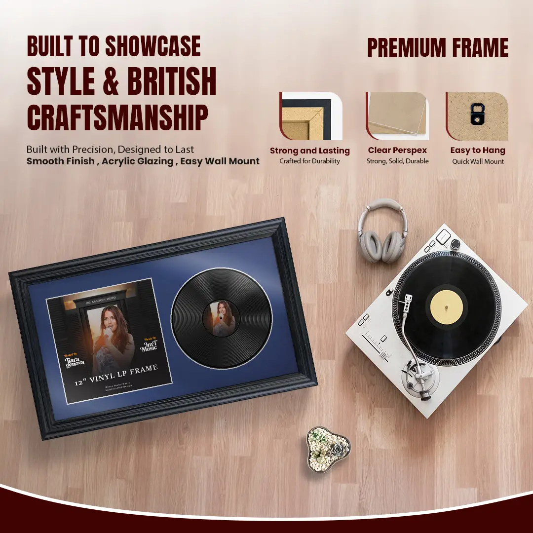 30x17" Classic Black Vinyl Record Frame With Silver Mount | For 12" LP Cover and Disc Side By Side Display thumbnail 2