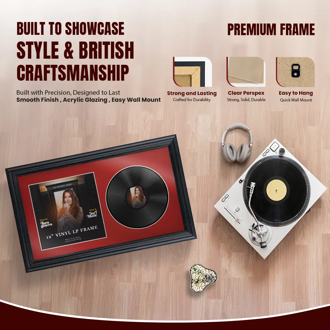 30x17" Classic Black Vinyl Record Frame With Crimson Mount | Side by Side 12" LP Cover & Disc Display thumbnail 2