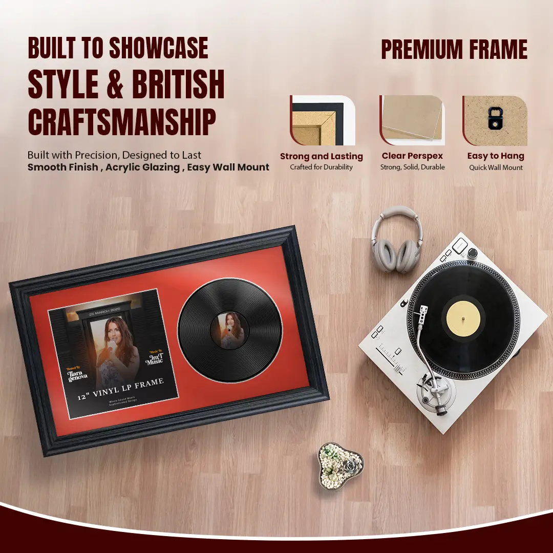 30x17" Classic Black Vinyl Record Frame With Silver Mount | Displays 12" LP Cover & Disc Side by Side thumbnail 2