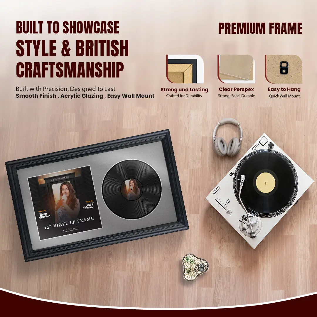 30x17" Classic Black Vinyl Record Frame With Silver Mount | For 12" LP Cover and Disc Side By Side Display thumbnail 2