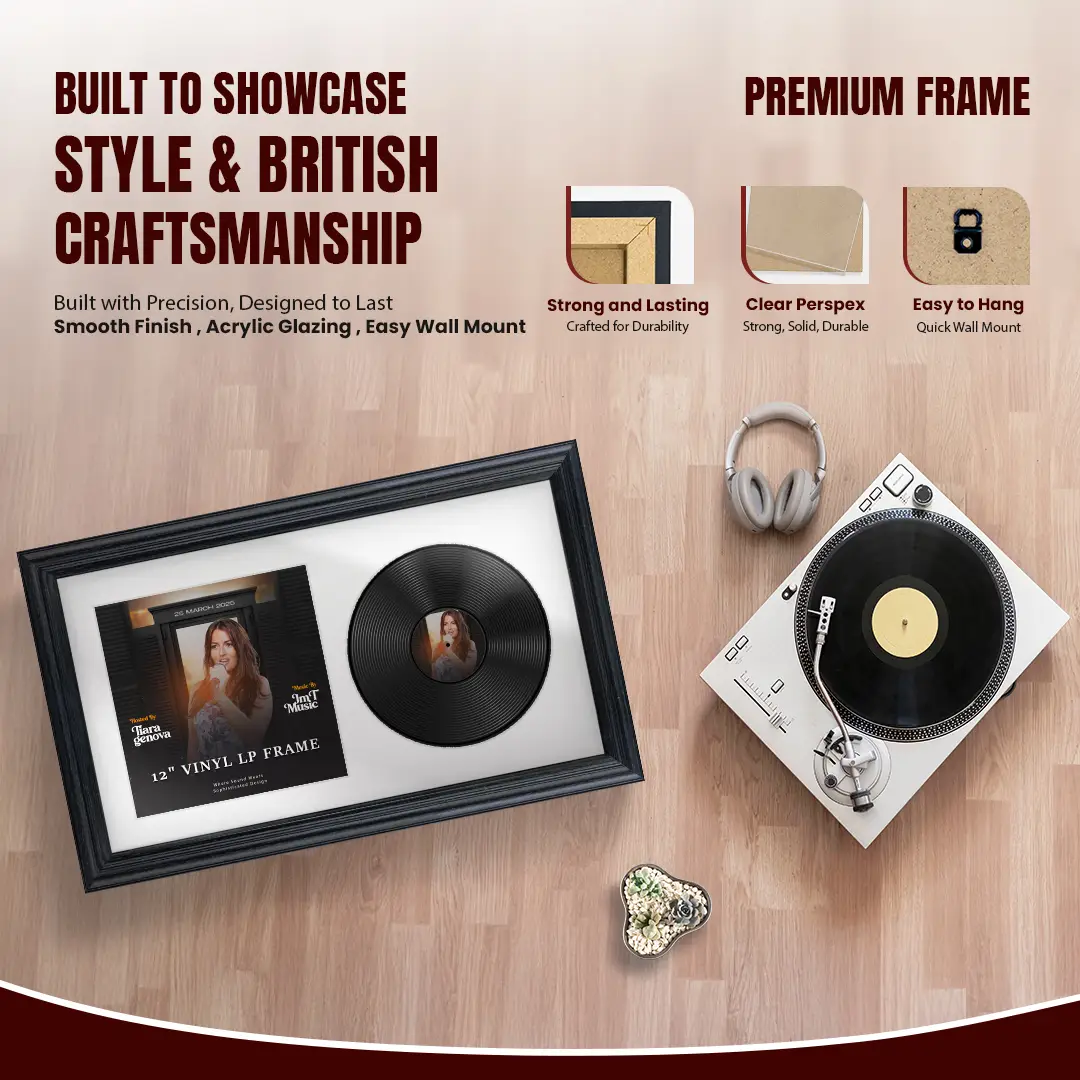 30x17" Classic Black Vinyl Record Frame With Ice White Mount | Displays 12" LP Cover & Disc Side by Side thumbnail 2